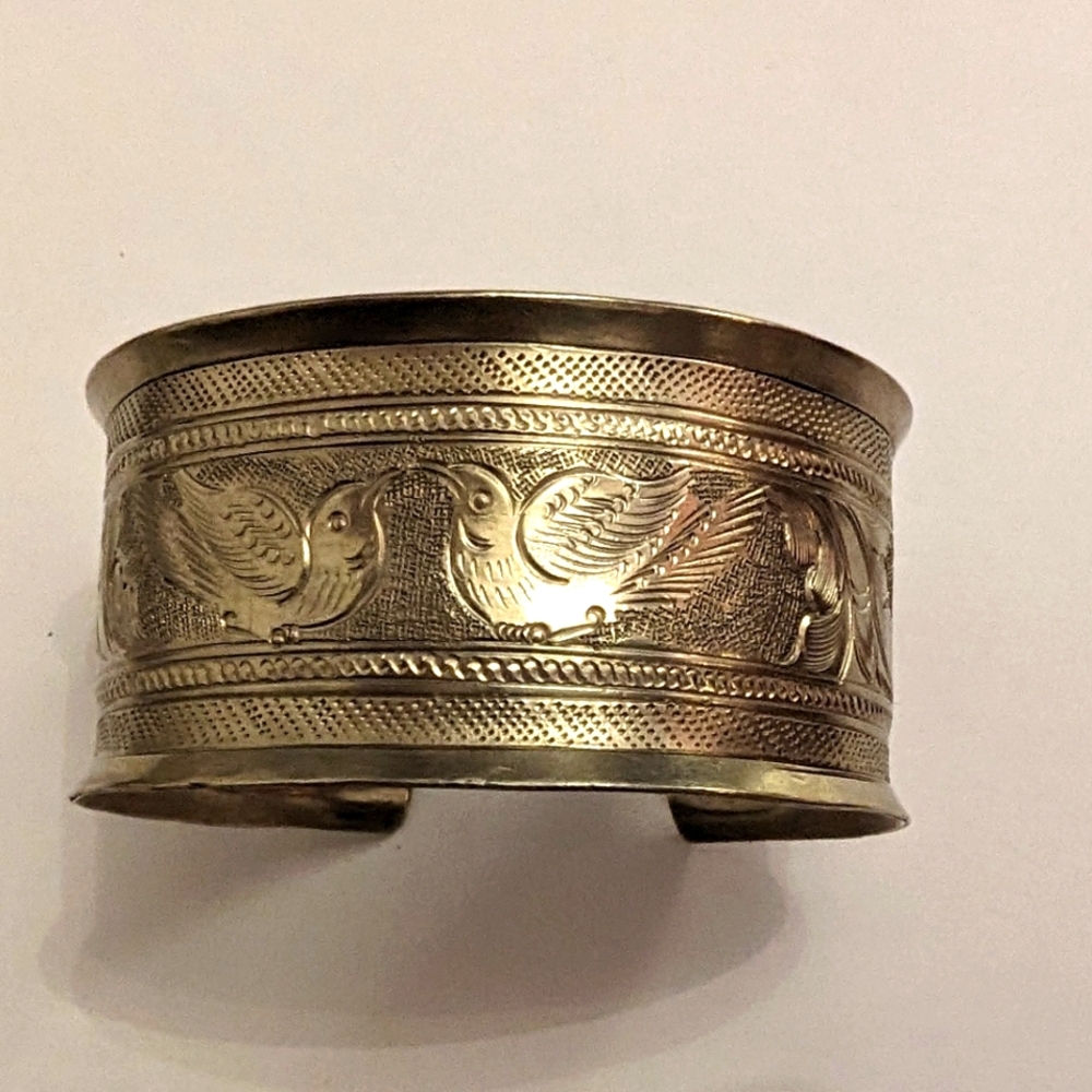 Vintage North African Berber Manchette Cuff Bracelet - Hand Engraved Bird & Flor